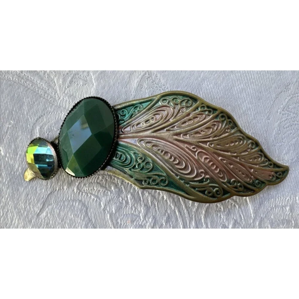 Cara NY Green Gold Rhinestone Feather Hair Barrette Pin Steampunk NEW